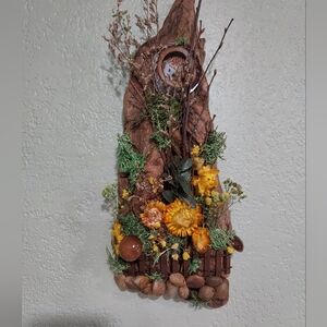 Rustic Wood Hedgehog Floral Wall Hanging w/ Dried Yellow Blooms